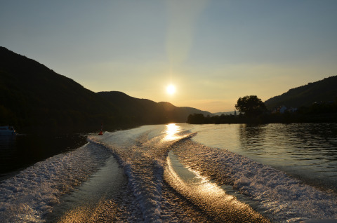 Sonnenuntergang auf der Mosel vom Boot aus, glänzende Wasserspur und grüne Hügel im Hintergrund.