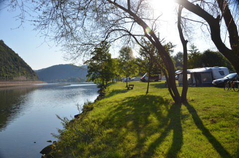 Luxe kamperen bij Mosel Islands met slaapvaten, caravans en auto’s aan de groene oever van de Moezel.
