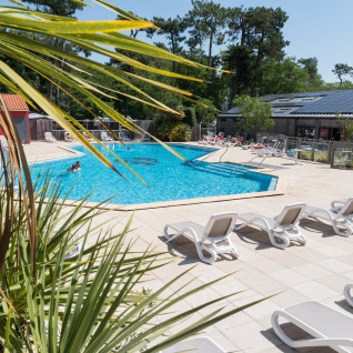 Piscina all'aperto con lettini e palme al Camping Les Cyprès - Glampingtenten Vendée, atmosfera rilassante.