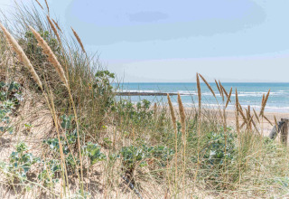 Vista de la playa a través de dunas y hierba en Camping Les Cyprès - Glampingtenten Vendée.