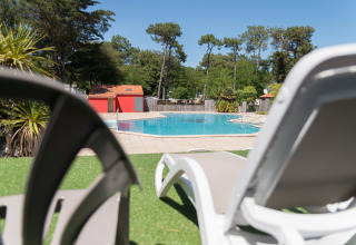 Lettini da sole vicino alla piscina di Camping Les Cyprès - Glampingtenten Vendée, circondati dal verde.