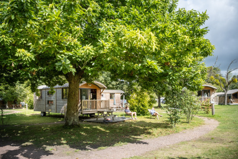 Glamping-Unterkunft bei Huttopia Calvados-Normandie, Holz-Lodges im Grünen unter großen Bäumen in Normandie.