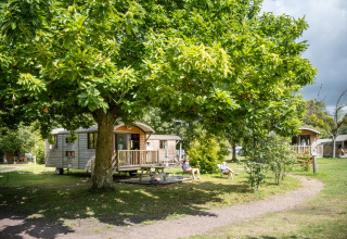 Glamping-accommodatie bij Huttopia Calvados-Normandie met houten huisjes en mensen ontspannen onder groene bomen.