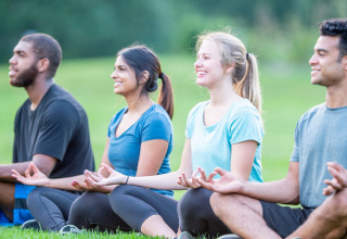 Vier junge Erwachsene praktizieren draußen Yoga und Meditation bei Pean Buiten - Natuurhuisjes Friesland.