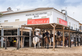 Tre cavalieri a cavallo davanti al bar Punto de Encuentro vicino a Huttopia Parque de Doñana in Andalusia.