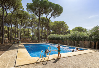 Niños jugando en la piscina en Huttopia Parque de Doñana – Glamping Andalusië, rodeados de pinos y naturaleza.