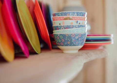 Colorful plates and bowls on a wooden shelf at glamping site Recreatiepark d'n Mastendol - Boomhut Brabant.
