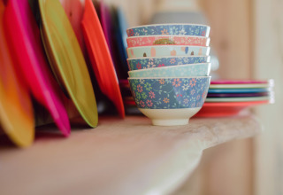 Assiettes et bols colorés sur une étagère en bois au glamping Recreatiepark d'n Mastendol - Boomhut Brabant.