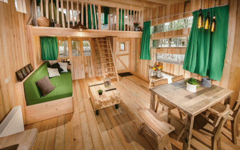 Interieur van boomhut met groene gordijnen, rustieke houten meubels en slaapzolder bij Boomhut Brabant.