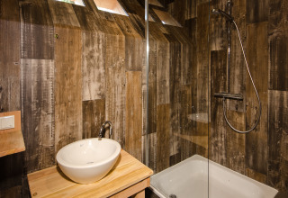 Bagno moderno con pannelli in legno, doccia e lavandino in alloggio glamping presso Boomhut Brabant, d'n Mastendol.
