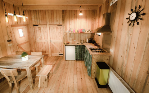 Binnenaanzicht van een boomhut op Recreatiepark d'n Mastendol Brabant met keuken en eetgedeelte.