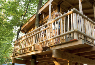 Casa en el árbol de madera en el bosque con niños, uno subiendo una cesta, glamping en Brabant, Países Bajos.