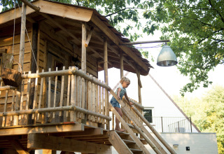 Un niño baja las escaleras de una casa del árbol en Recreatiepark d'n Mastendol - Boomhut Brabant rodeado de naturaleza.