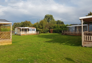 Groene grasveld met luxe houten glampingtenten en veranda’s bij Luxe Camping Borken am See in Duitsland.