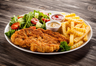 Une assiette gourmande de schnitzel, frites, salade fraîche et sauces au Luxe Camping Borken am See - Glamping Noordrijn-Westfalen.