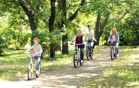 Famille faisant du vélo sur un sentier forestier à Luxe Camping Borken am See - Glamping Noordrijn-Westfalen.