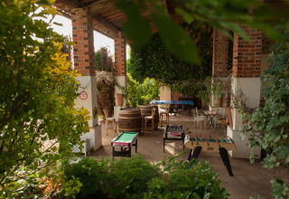 Espace détente couvert chez Nature's Pace Holidays - Glamping Occitanie, avec jeux et plante luxuriante.