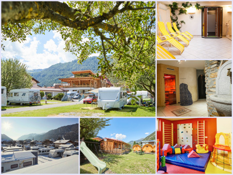 Camping Dreilandereck - Lodge & Wijnvat Tirol con caravan, area benessere, parco giochi e panorama montano.