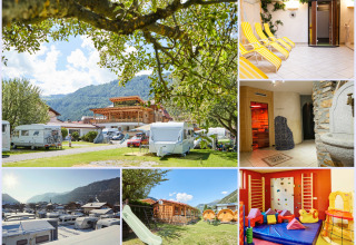 Camping Dreilandereck - Lodge & Wijnvat Tirol con caravan, area benessere, parco giochi e panorama montano.