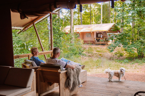Couple âgé se détend sur la terrasse d'une glamping lodge avec leur chien, Camping Samoza Veluwe.