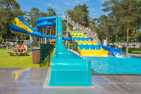 Scivoli d'acqua colorati e piscina a Camping Samoza – Glamping Lodges Veluwe, ospiti felici al sole estivo.