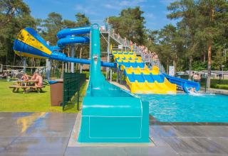 Waterglijbanen en zwembad bij Camping Samoza – Glamping Lodges Veluwe, gasten genieten van het mooie weer.