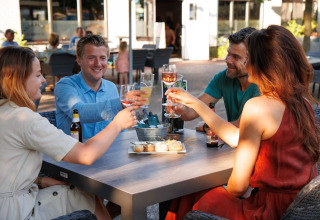 Cuatro amigos brindan con bebidas y aperitivos en Camping Samoza – Glamping Lodges Veluwe.