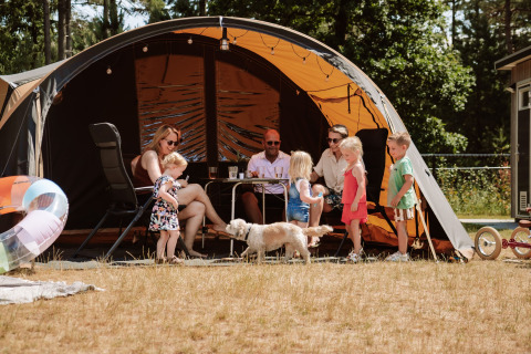 Familie nyder glamping ved Camping Samoza – Glamping Lodges Veluwe med børn, hund og telt i solen.