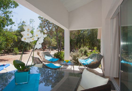 Terrazza coperta ai Camping Bagheera – Eco lodges Corsica, con arredi moderni e vista sulla natura verde.