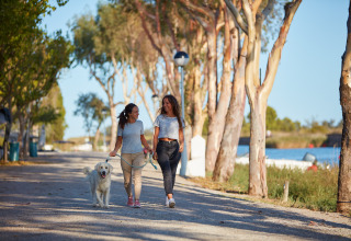 Twee vrouwen wandelen met een hond langs bomen bij Camping Nautic Almata – Glamping Costa Brava.