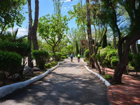 Two people cycling on a path surrounded by lush green trees at Camping Nautic Almata – Glamping Costa Brava.