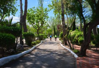 Two people cycling on a path surrounded by lush green trees at Camping Nautic Almata – Glamping Costa Brava.