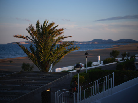 Palmetræ og strand ved Camping Nautic Almata – Glamping Costa Brava i aftensolen med udsigt til havet.