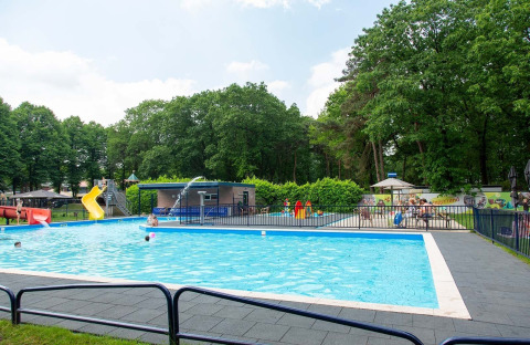 Udendørs swimmingpool ved Camping Beringerzand - Finse Kota's Limburg omgivet af træer og legeplads.