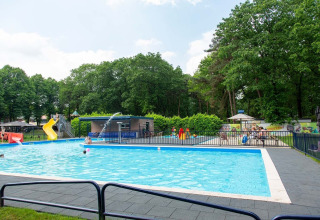 Außenpool bei Camping Beringerzand - Finse Kota's Limburg, mit Rutschen, Terrasse und grünem Wald.