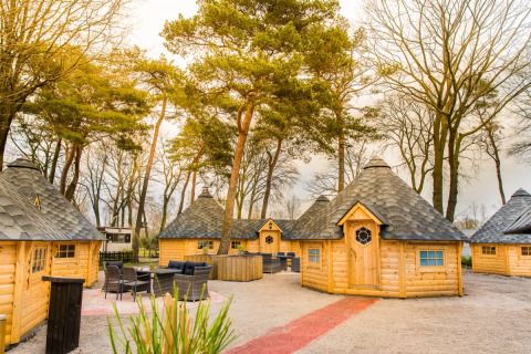 Alojamiento glamping en Camping Beringerzand - Finse Kota's Limburg, acogedoras cabañas de madera entre árboles.