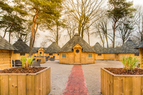 Glamping Finse Kota au Camping Beringerzand en Limbourg, cabanes en bois et espaces de détente extérieurs.