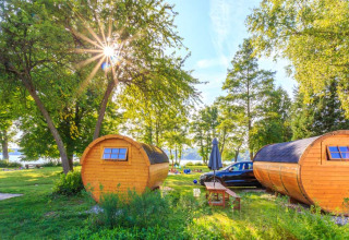 Dos cabañas de madera con forma de barril de vino en Camping Pilsensee, rodeadas de árboles y sol.