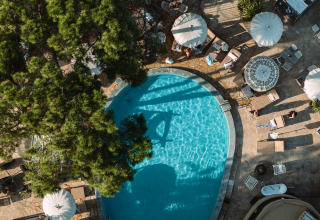 Luchtfoto van zwembad met ligbedden, parasols en bomen bij Camping Parco Ibiza - Glamping Ibiza.