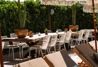 Buiten eethoek met houten tafel, witte stoelen en cactussen bij Camping Parco Ibiza by San Antonio, Glamping Ibiza