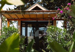 Ingang van een glampingaccommodatie omgeven door planten bij Camping Parco Ibiza by San Antonio, Ibiza.