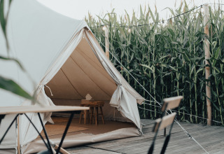 Tente de glamping luxueuse avec entrée ouverte sur terrasse en bois, entourée de maïs à Glamping La Ferme.