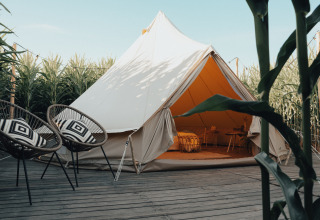 Glamping tent on a wooden deck with stylish chairs and cushions, surrounded by cornfields in West Flanders.