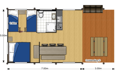 Grundriss des Glamping-Zelts Camping Alf - Safaritenten Rijnland-Palts mit Schlafzimmern und Terrasse.