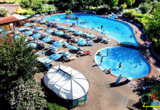 Buitenzwembad met ligstoelen en parasols bij DivaCamp San Marino, omgeven door groene bomen en natuur.