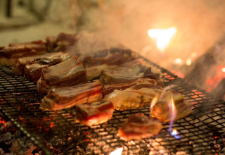 Sappige vleesstukken op de grill bij Novanta - Boomhut Toscane, ideaal voor een gezellige glamping ervaring.