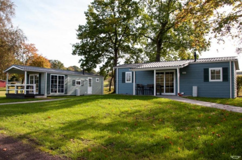 Deux cabanes de glamping modernes au Campingpark am Gederner See, en Hesse, entourées d’arbres et de pelouse.