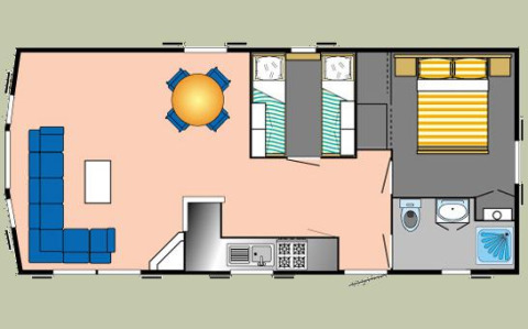 Grundriss der Glamping-Unterkunft auf dem Campingpark am Gederner See mit Wohnbereich, Küche und Schlafzimmern.