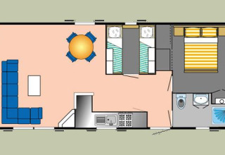 Plan d'hébergement glamping au Campingpark am Gederner See avec salon, chambres, cuisine et salle de bains.