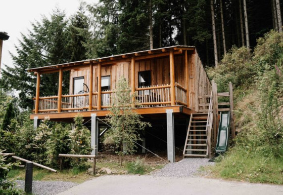 Boomhut glamping accommodatie in het bos bij UplandParcs Sauerland, Noordrijn-Westfalen, Duitsland.